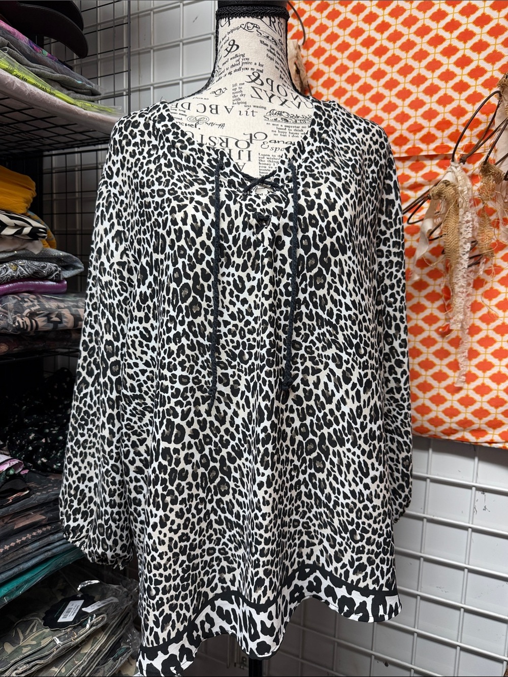 Cato Black & White Leopard-Print Lace-Up Blouse